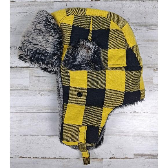 CITY HUNTER Trapper Hat Black/Yellow Plaid Faux Fur Lined Wool Blend - Picture 1 of 8